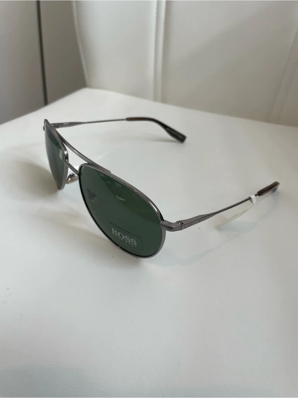 Boss Aviator Sunglasses with Dark Green Lenses and Silver Frame